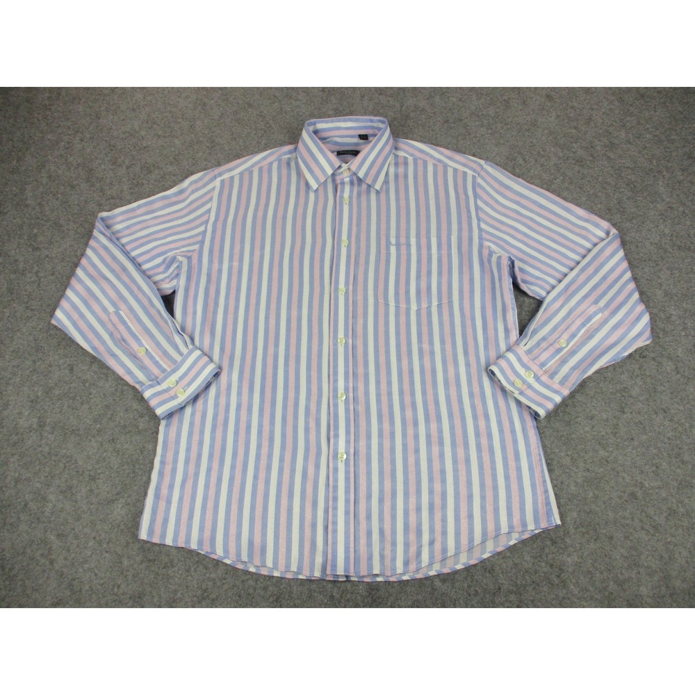Paul Smith Shirt Mens 17 Blue Pink Classic Fit Striped Long Sleeve Twill Pocket
